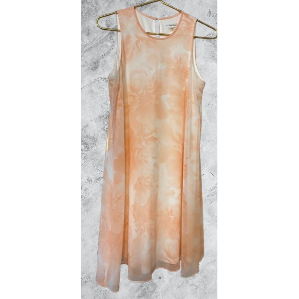 Calvin Klein Peach Floral Watercolor Chiffon Shift Dress Sleeveless Size 8
